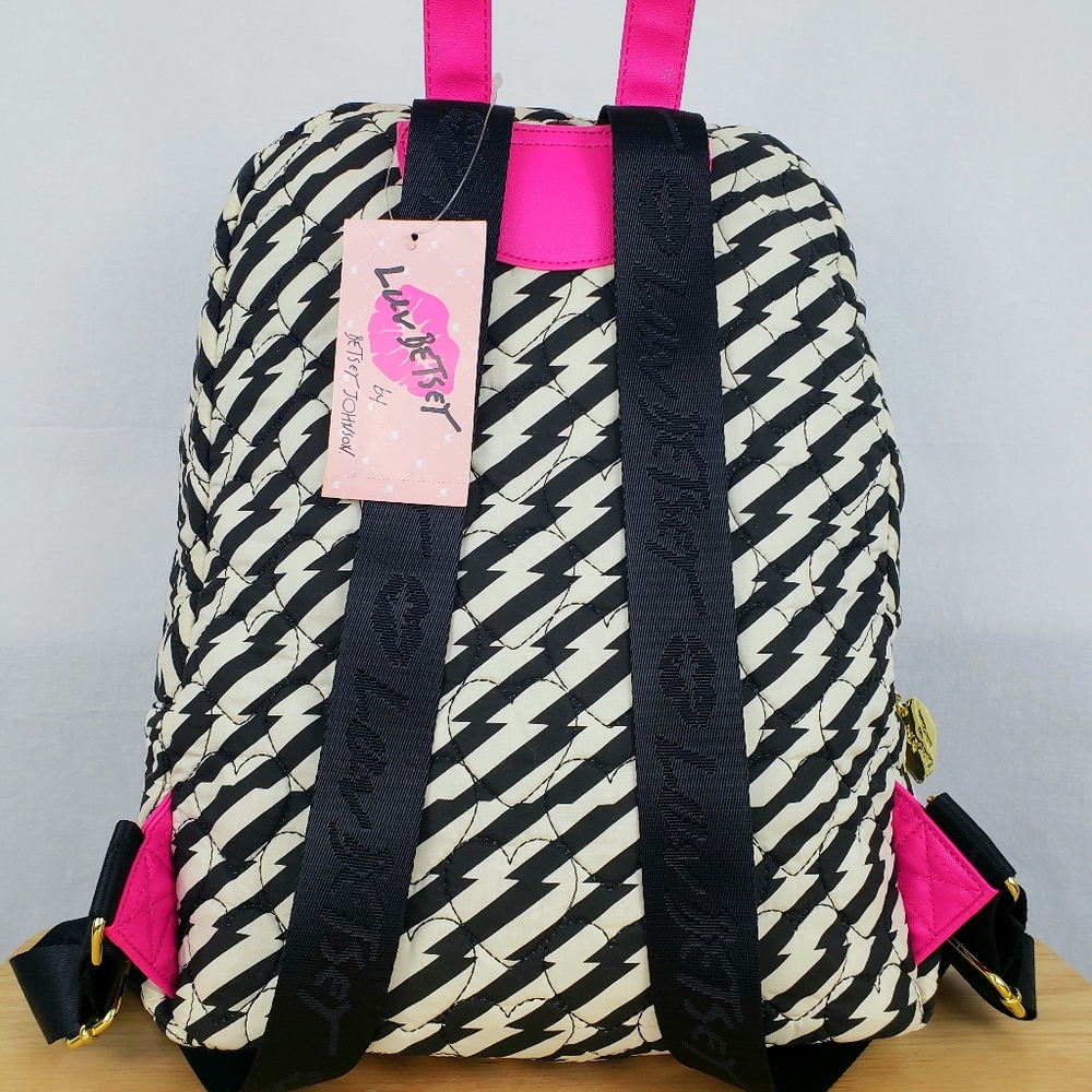 LUV BETSEY JOHNSON Backpack Black/White Stripe, Pink Trim, Funny Face - Picture 4 of 12